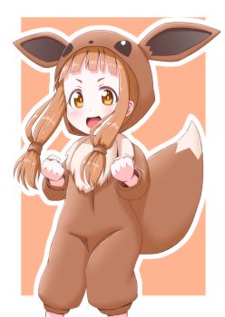 1girl :d blunt_bangs blush brown_eyes brown_hair child clenched_hands cosplay dot_nose eevee eevee_(cosplay) eevee_costume eevee_ears eevee_tail female_focus gen_1_pokemon highres hood hood_up ichihara_nina idolmaster idolmaster_cinderella_girls kigurumi long_hair looking_away low-tied_long_hair nintendo open_mouth orange_background outline poke_kid_(pokemon) poke_kid_(pokemon)_(cosplay) pokemon pokemon_tail roco_(katsuya1011) short_eyebrows sidelocks smile solo standing tail tareme upper_body