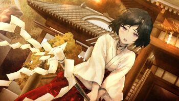 1boy architecture black_hair blush building chihaya_(clothing) choker crossdressing crossdressing_(mtf) crying crying_with_eyes_open dutch_angle east_asian_architecture game_cg gohei hair_ornament hairclip hakama hakama_skirt highres holding holding_gohei huke japanese_clothes kosode miko non-web_source official_art pagoda pink_eyes red_hakama ribbon_choker ribbon_trim ringed_eyes science_adventure shide shrine skirt skull_hair_ornament solo square_pupils statue steins;gate tearing_up tears teeth torii trap upper_teeth_only urushibara_luka wide_sleeves