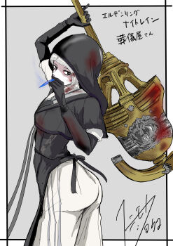 1girl absurdres ass black_gloves black_hood black_sleeves blood blood_on_clothes blood_on_face border commentary_request elden_ring elden_ring_nightreign gloves grey_background hammer highres holding holding_hammer holding_weapon miya_zirou nun outside_border simple_background solo standing translation_request undertaker_(elden_ring) weapon white_border