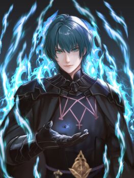 Rule 34 | 1boy, armor, black armor, black cape, black gloves, blue aura, blue eyes, blue gem, blue hair, cape, closed mouth, commentary, commentary request, dagger, emblem (fire emblem engage), english commentary, fire emblem, fire emblem: three houses, fire emblem engage, gem, gloves, highres, jewelry, knife, long sleeves, looking at viewer, male byleth (fire emblem), male focus, mixed-language commentary, nintendo, ring, short hair, weapon, wrainbow13