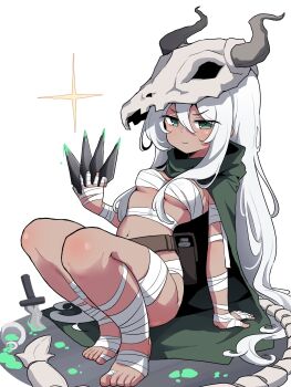 1girl :3 absurdres balenjeong bandaged_arm bandaged_foot bandaged_leg bandages blush breasts chest_sarashi cloak commentary_request dagger dark-skinned_female dark_skin green_cloak green_eyes hair_between_eyes highres holding holding_knife holding_kunai holding_weapon knife korean_commentary kunai long_hair looking_at_viewer mask medium_breasts multiple_knives navel poison sarashi simple_background skull_mask slay_the_spire solo sparkle squatting the_silent_(slay_the_spire) very_long_hair weapon white_background white_hair
