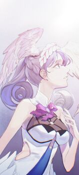 1girl breasts commentary curly_hair cyta_celest dress english_commentary gradient_hair grey_background grey_hair head_wings highres long_hair looking_up medium_breasts melia_antiqua multicolored_hair parted_lips solo tearing_up white_background white_dress wings xenoblade_chronicles_(series) xenoblade_chronicles_1