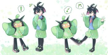 Rule 34 | !, 1boy, :d, \o/, arms up, black hair, black hairband, blueberry academy school uniform, cloak, colored inner hair, commentary request, cosplay, crossed bangs, fake horns, full body, green cloak, hair between eyes, hairband, highres, horn hairband, horns, kieran (pokemon), kiri8211, male focus, mole, mole on neck, multicolored hair, musical note, nintendo, ogerpon, ogerpon (cosplay), open mouth, outstretched arms, outstretched leg, pokemon, pokemon (creature), pokemon sv, puffy shorts, purple hair, school uniform, shoes, short hair, shorts, simple background, smile, spoken exclamation mark, spoken musical note, spread arms, standing, standing on one leg, star-shaped pupils, star (symbol), symbol-shaped pupils, two-tone hair, yellow eyes