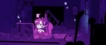 1girl bed chair computer desk_lamp guitar highres indoors instrument lamp laptop marnie_(marnielovesyou) mary_rosemary maryverse pale_skin paper solo star_(symbol)