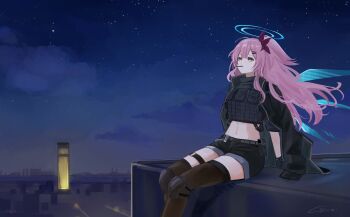 absurdres ambriel_(arknights) arknights armor asymmetrical_legwear black_jacket black_shorts blue_halo brown_thighhighs bulletproof_vest commentary commission crop_top feet_out_of_frame food food_in_mouth hair_ornament hairclip halo highres infection_monitor_(arknights) jacket jacket_on_shoulders k-yosinori knee_pads long_hair looking_up midriff navel night outdoors pink_hair pixiv_commission pocky pocky_in_mouth short_shorts shorts signature sky star_(sky) starry_sky thighhighs traditional_halo uneven_legwear wind yellow_eyes