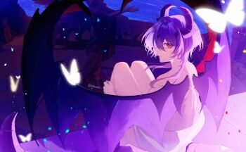 1boy dragon_horns dragon_wings genshin_impact hair_between_eyes highres horns kykuma4 long_hair male_focus mini_durin_(genshin_impact) mini_durin_(human)_(genshin_impact) nude purple_hair red_eyes solo wings