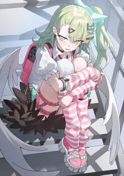 Rule 34 | 1girl, absurdres, bandaid, bandaid hair ornament, black skirt, blush, chinatsu remiel, collar, commentary request, earrings, fur-trimmed skirt, fur trim, green eyes, green hair, hair ornament, heart, heart hair ornament, highres, hugging own legs, jewelry, leg warmers, looking at viewer, multiple hair clips, multiple thigh straps, musical note earrings, necktie, open mouth, outdoors, pink arm warmers, pink bag, pink leg warmers, pink shoes, ponytail, red necktie, sb lama, shadow, shirt, shoes, single thighhigh, sitting, sitting on stairs, skirt, solo, stairs, striped arm warmers, striped leg warmers, tears, thigh strap, thighhighs, white shirt, white thighhighs, white wings, winged bag, wings, zenless zone zero