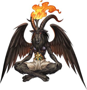 artist_request baphomet_(megami_tensei) black_skin black_wings breasts caduceus colored_skin demon_(megami_tensei) feathered_wings fire goat_horns hands_on_own_knees highres horns indian_style official_art persona persona_5 persona_5:_the_phantom_x red_eyes shin_megami_tensei sitting solo third-party_source transparent_background wings