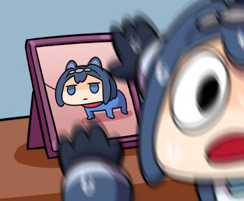 1girl black_gloves blue_eyes blue_hair blurry collar depth_of_field gloves hairband highres hololive hololive_english jitome keenbiscuit leash open_mouth ouro_kronii pet_play photo_(object) short_hair solo virtual_youtuber