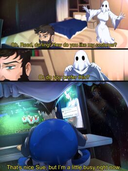 1girl 2boys bed_sheet bedroom clothes_lift commentary computer convenient_censoring couple crossed_legs english_commentary english_text error_message fantastic_four ghost_costume highres invisible looking_through_window marvel meme minecraft monitor multiple_boys multiple_monitors namor opalis playing_games rain reed_richards sad sheet_ghost sitting sue_storm very_big_eyes video_game window