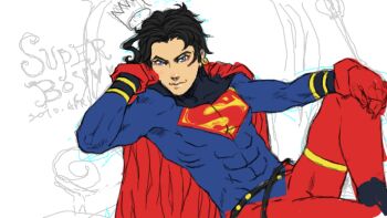 1boy belt black_hair blue_eyes bodysuit character_name dc_comics gloves head_rest kon-el male_focus red_gloves s_shield sitting solo superboy superman_(series) young_justice