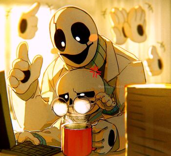 2boys anger_vein angry coffee coffee_mug computer cup glasses grin holding holding_cup hollow_eyes lab_coat looking_down mug multiple_boys noah_(rokoroko) open_mouth sans_(undertale) sitting skeleton smile teeth undertale utdr_(toby_fox) w.d._gaster white_eyes