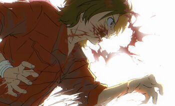 1boy blood blood_on_face blood_on_teeth brown_eyes brown_hair highres long_sleeves looking_ahead male_focus mauvh motion_blur open_mouth red_shirt shirt shouting teeth toboe_(wolf's_rain) upper_body v-shaped_eyebrows white_background wolf's_rain wristband