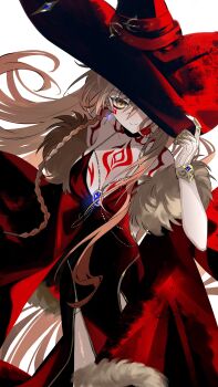 1girl absurdres alternate_costume blonde_hair blue_gemstone braid breast_tattoo breasts chest_tattoo dress earrings facial_tattoo fur_trim gem genderswap genderswap_(mtf) gradient_hair hat highres honkai:_star_rail honkai_(series) jewelry long_hair medium_breasts multicolored_hair mydei_(honkai:_star_rail) necklace red_dress red_hair red_hat side_braid sleeveless sleeveless_dress tattoo very_long_hair witch_hat yellow_eyes yigenzhen26389