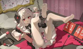 Rule 34 | 1girl, absurdres, ball gag, barefoot, bdsm, black bow, bow, butt plug, chain, chastity belt, dddm, dress, drill hair, feet, flower, full body, gag, hair flower, hair ornament, highres, indoors, legs up, long sleeves, looking at viewer, lying, mark under eye, on back, on bed, open mouth, pantyhose, pillow, red eyes, restrained, sample watermark, sex toy, soles, solo, tail, tlipoca, toes, twin drills, vibrator, watermark, white hair, white pantyhose, wiffle gag, yog-sothoth's yard