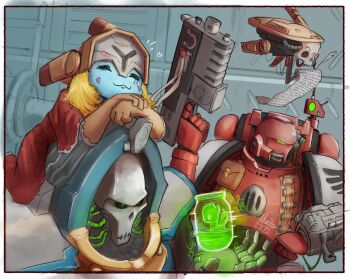 1girl 2boys :3 armor blonde_hair blood_ravens blush bolter cape cumjar_(meme) fallout gun helmet highres holding holding_gun holding_weapon hologram imminent_theft maffi1996 mason_jar meme multiple_boys my_little_pony my_little_pony:_friendship_is_magic necron pauldrons pip_boy piss_bottle power_armor rainbow_dash robot servo-skull shoulder_armor skull smile t&#039;au t&#039;au_drone trait_connection trazyn_the_infinite warhammer_40k weapon