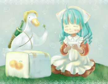 Rule 34 | 1girl, ahoge, animal, apron, aqua hair, bird, blush, bottle, character request, closed eyes, clothed animal, clover, collared dress, commentary request, copyright request, crying, curled ends, dome (artist), dress, duck, grass, grey background, hat, headscarf, holding, holding clover, medium hair, on ground, open mouth, package, red dress, ringlets, sitting, smile, solo, streaming tears, sun hat, tears, three-quarter sleeves, white apron, white headscarf, wine bottle, yellow hat