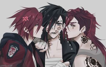 3girls anger_vein arcane:_league_of_legends arcane_vi arm_tattoo artist_name asymmetrical_hair back_tattoo bandaged_chest bandaid bandaid_on_cheek bandaid_on_face bandaid_on_nose black_hair black_jacket blue_eyes earrings eyebrow_cut facial_tattoo freckles highres jacket jewelry league_of_legends lipstick_mark medium_hair multicolored_hair multiple_girls multiple_persona neck_tattoo pink_hair red_jacket saudzai selfcest short_hair sidecut tattoo two-tone_hair undercut vi_(league_of_legends) wrist_wrap yuri