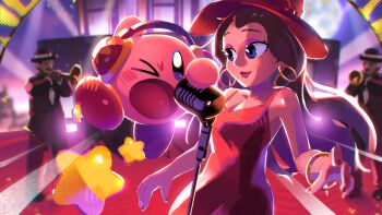 >_o 1girl 2boys black_hat black_jacket black_pants black_shoes black_suit blue_eyes blurry blurry_background blush bowler_hat bracelet breasts brown_hair building cleavage closed_mouth commentary company_connection confetti copy_ability crossover dress earrings eyelashes eyeshadow fingernails formal_clothes gold_bracelet gold_earrings hat headphones highres holding holding_instrument holding_microphone holding_trumpet hoop_earrings instrument jacket jewelry kirby kirby_(series) long_hair long_sleeves makeup mario_(series) microphone microphone_stand mike_kirby moon multiple_boys music nail_polish night nintendo one_eye_closed open_mouth pants pauline_(mario) playing_instrument purple_eyeshadow red_dress red_lips red_nails shoes sleeveless sleeveless_dress smile spookyflare standing star_(symbol) suit suit_jacket super_mario_odyssey trumpet upper_body