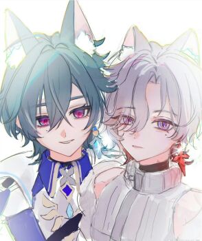 Rule 34 | animal ears, blue eyes, collared shirt, earrings, eyes visible through hair, genshin impact, green hair, grey hair, hair between eyes, hair over one eye, highres, illuga (genshin impact), jewelry, libaobao521, lohen (genshin impact), male focus, mole, mole under eye, multicolored hair, red eyes, red hair, red pupils, scar, scar on neck, shirt, simple background, single earring, sleeveless, sleeveless turtleneck, sweater, teeth, turtleneck, turtleneck sweater, two-tone hair, white background