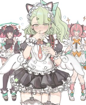 Rule 34 | 3girls, angels of delusion, animal ear hairband, animal ears, aqua hair, aqua streaks, aria (zenless zone zero), bare shoulders, bell, black dress, black garter straps, black hair, blush, cat ear hairband, cat ears, center frills, closed mouth, clothing cutout, colored inner hair, detached collar, detached sleeves, dress, earrings, fake animal ears, frilled dress, frills, fur-trimmed sleeves, fur trim, fuyu yafunu, garter straps, ghost hair ornament, green eyes, green hair, green halo, green nails, hair ornament, hairband, halo, hand on own chin, heart, heart earrings, highres, jewelry, looking at viewer, maid, maid headdress, multicolored hair, multiple girls, multiple hair clips, nangong yu, navel, navel cutout, neck bell, official alternate costume, open mouth, pink hair, ponytail, quad tails, red bag, red eyes, shoes, short twintails, simple background, sparkle, streaked hair, sunna (afternoon tea break) (zenless zone zero), sunna (zenless zone zero), sweat, twintails, white background, white dress, white shoes, white wings, winged bag, wings, zenless zone zero
