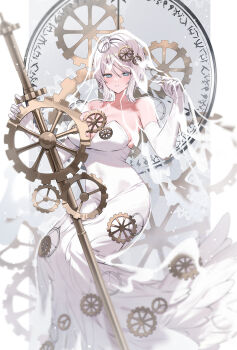 1girl armpit_crease bare_shoulders blue_eyes blush breasts bridal_veil closed_mouth commentary_request dress e.g.o_(project_moon) elbow_gloves everlasting_(e.g.o) faust_(project_moon) gears gloves grey_background highres holding holding_weapon large_breasts limbus_company long_dress looking_at_viewer medium_hair outside_border pillarboxed project_moon solo tori_(pippikasu) veil weapon wedding_dress white_dress white_gloves white_hair