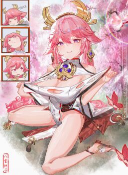 1girl :3 absurdres bare_shoulders blush breasts bug butterfly cherry_blossoms closed_mouth commentary_request covered_pussy dot_nose earrings embarrassed flower full_body genshin_impact hair_between_eyes hair_ornament high_collar highres hui_zhong_zhi_meng insect jewelry large_breasts long_hair looking_at_viewer looking_to_the_side looking_up multiple_views no_panties nontraditional_miko outdoors parted_lips pink_flower pink_hair purple_eyes red_butterfly sitting sleeping smile tearing_clothes thighs torn_clothes tree wariza yae_miko zzz