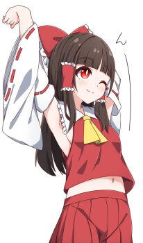 Rule 34 | 1girl, armpits, arms up, ascot, blush, bow, breasts, brown hair, closed mouth, commentary request, detached sleeves, frilled bow, frilled hair tubes, frills, hair bow, hair tubes, hakurei reimu, hiro (pqtks113), long hair, midriff peek, navel, no bra, one eye closed, red bow, red eyes, red skirt, ribbon-trimmed sleeves, ribbon trim, sideboob, simple background, skirt, skirt set, smile, solo, stretching, touhou, translation request, white background, yellow ascot