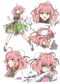 Rule 34 | 1girl, bandaged arm, bandages, black tabard, commentary request, dirty, dirty face, double bun, full body, green skirt, gyouza (mhea5724), hair bun, highres, ibaraki kasen, injury, looking at viewer, multiple views, pink eyes, pink hair, shirt, short hair, simple background, skirt, solo, tabard, touhou, white background, white shirt