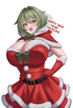 1girl belt breasts caesar_king_(zenless_zone_zero) commentary danndy dress english_commentary gloves green_hair happy_new_year highres large_breasts looking_at_viewer new_year open_mouth red_gloves red_skirt santa_costume santa_dress short_hair skirt solo twitter_username yellow_eyes zenless_zone_zero