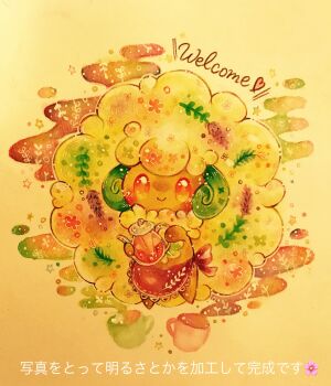 absurdres apron closed_mouth colored_pencil_(medium) commentary_request english_text full_body gen_5_pokemon highres holding holding_teapot nintendo no_humans orange_eyes painting_(medium) pokemon red_apron smile teapot traditional_media translation_request waist_apron watercolor_(medium) whimsicott yukichi_0611