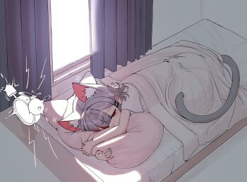 1girl alarm_clock animal_ears bed cat_ears cat_girl cat_tail clock curtains extra_ears grey_hair half-closed_eye highres hugging_object indoors lying multicolored_hair neneko_mashiro on_bed on_side one_eye_closed pillow pillow_hug red_eyes red_hair shirt short_hair short_sleeves sleeping sseonyu stellive streaked_hair sunlight tail under_covers virtual_youtuber waking_up white_shirt window