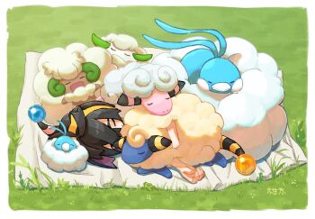 1boy altaria black_hair blanket border closed_eyes colored_inner_hair commentary_request cottonee crossed_bangs flaaffy fluffy gen_2_pokemon gen_3_pokemon gen_5_pokemon glint grass hairband highres holding holding_pokemon kanchan_kani kieran_(pokemon) lying male_focus mareep multicolored_hair nintendo pokemon pokemon_(creature) pokemon_sv purple_hair short_hair sleeping swablu two-tone_hair whimsicott white_border yellow_hairband