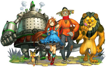 1girl 4boys animal animal_ears blue_dress bow bowtie brick_road choker cowardly_lion dorothy_gale dorothy_gale_(riz-zoawd) dress hat height_difference high_heels joints lion_ears lion_tail long_dress long_hair media.vision multiple_boys official_art one_eye_closed red_eyes red_hair red_scarf red_shoes riz-zoawd robot robot_joints scarecrow scarecrow_(the_wizard_of_oz) scarf shoes size_difference tail the_wizard_of_oz tin_man_(the_wizard_of_oz) toto_(the_wizard_of_oz) walking yellow_brick_road