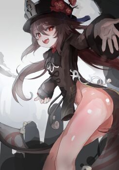 1girl absurdres bare_legs brown_hair flower genshin_impact hat highres hu_tao_(genshin_impact) long_sleeves looking_at_viewer mianmian88888 nail_polish no_panties open_clothes open_mouth outstretched_arms red_eyes red_nails smile solo spread_arms tailcoat top_hat twintails