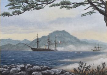 absurdres acrylic_paint_(medium) atelier_bono edo_jidai french_flag french_navy harbor highres historical_event ironclad military_vehicle mountain original painting_(medium) semiramis_(french_frigate) ship smoke smokestack traditional_media tree warship watercraft