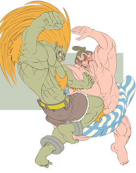 Rule 34 | absurdres, barefoot, blanka, brown hair, clenched hand, colored skin, commentary, e. honda, feet, green skin, highres, muscular, muscular male, open mouth, sharp teeth, shorts, street fighter, sumo, teeth, toes, zinguuzisaburou
