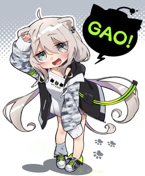 1girl :d ahoge animal_ear_piercing animal_ears black_choker black_jacket black_shoes blush bra_strap character_print choker commentary_request deformed double-parted_bangs fang full_body gao grey_background grey_eyes grey_hair grey_socks hair_between_eyes hand_on_own_knee high_tops highres hololive hood hooded_jacket jacket jewelry knee_blush leaning_forward lion_ears lion_girl lion_tail long_hair long_hair_between_eyes long_sidelocks loose_clothes loose_shirt loose_socks low_twintails minatasiro necklace official_alternate_costume official_alternate_hairstyle open_mouth paw_print raglan_sleeves salute shading_eyes shadow shiny_skin shirt shishiro_botan shishiro_botan_(midnight_convenience_store) shoes sidelocks silver_necklace simple_background single_bare_shoulder single_loose_sock single_off_shoulder single_sock smile sneakers socks solo speech_bubble t-shirt tail twintails twitter_username virtual_youtuber white_background white_shirt