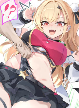 Rule 34 | !?, 1boy, 1girl, anger vein, black skirt, blonde hair, blush, breasts, chalky (zenless zone zero), cissia (zenless zone zero), commentary request, highres, large breasts, leotard, leotard pull, long hair, midriff, miniskirt, multicolored leotard, open mouth, paid reward available, pov, pov hands, red eyes, revision, skirt, snake girl, snake tail, spoken interrobang, tail, tomas (kaosu22), two-tone leotard, very long hair, zenless zone zero