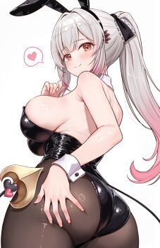 1girl animal_ears ass black_leotard black_pantyhose blush breasts commentary_request daysss fake_animal_ears gradient_hair hand_on_own_ass highres indie_virtual_youtuber large_breasts leotard long_hair looking_at_viewer looking_back multicolored_hair pantyhose pink_hair playboy_bunny ponytail rabbit_ears sideboob simple_background smile solo suou_patra tail virtual_youtuber white_background white_hair wrist_cuffs