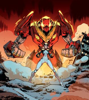 Rule 34 | 1girl, absurdres, armor, asian, black bodysuit, black hair, bodysuit, cityscape, clenched hand, clenched hands, debris, destruction, dust, dynamic pose, glowing, glowing eyes, gold armor, highres, leo chiola, marvel, marvel rivals, marvel rivals (style), marvel snap, mecha, multicolored armor, multicolored bodysuit, official art, peni parker, red armor, red background, robot, rock, ruins, science fiction, short hair, solo, spider-man (series), superhero costume, urban, white bodysuit, wreckage