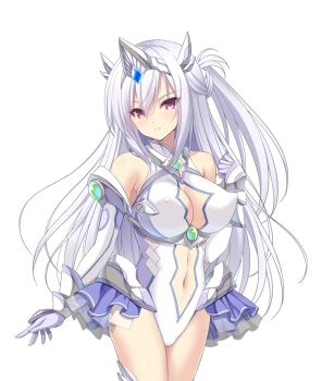 1girl bare_shoulders blush braid breasts center_opening chikubi_(artist) cleavage cleavage_cutout clenched_hand closed_mouth clothing_cutout covered_erect_nipples cowboy_shot elbow_gloves frilled_skirt frills frown game_cg gloves hair_between_eyes hand_up headpiece kusarou large_breasts large_variant_set layered_skirt leotard long_hair looking_at_viewer magical_girl mahou_shoujo_inori mamiya_inori navel navel_cutout non-web_source official_art one_side_up red_eyes showgirl_skirt skirt solo standing thighhighs tiara transparent_background variant_set white_hair white_leotard