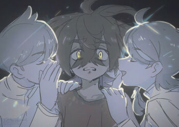 1girl 2boys 314pic absurdres ahoge clenched_teeth crossed_bangs florian_(pokemon) hair_between_eyes hand_on_another's_shoulder hands_up highres jacket juliana_(pokemon) kieran_(pokemon) long_sleeves looking_at_viewer mole mole_on_neck multiple_boys nintendo open_mouth pokemon pokemon_sv shirt sleeveless sleeveless_shirt teeth whispering_in_ear yellow_eyes