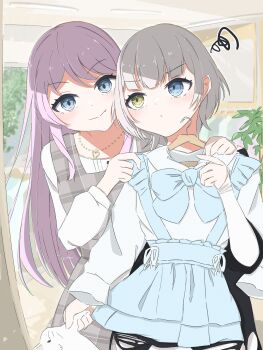 Rule 34 | 2girls, bang dream!, bang dream! it's mygo!!!!!, blue eyes, chihaya anon, commentary request, dress, fang, grey dress, grey hair, heterochromia, highres, holding, holding unworn clothes, jewelry, kaname raana, long hair, long sleeves, looking at another, melty lubll, multiple girls, necklace, pinafore dress, pink hair, plaid clothes, plaid dress, raana the cat, short hair, sleeveless, sleeveless dress, squiggle, stuffed animal, stuffed cat, stuffed toy, white hair, yellow eyes