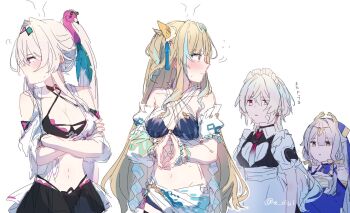 4girls a_oiui alternate_costume apron arms_under_breasts averting_eyes bare_shoulders bikini bikini_skirt black_bikini black_dress black_skirt blonde_hair blue_hair blue_sleeves blush bracelet breasts cleavage closed_mouth clothing_cutout criss-cross_halter crossed_arms detached_sleeves dress embarrassed enmaided flying_sweatdrops frilled_apron frills grey_hair hair_between_eyes hair_intakes hair_ornament halterneck high_ponytail highres honkai_(series) honkai_impact_3rd jewelry lantern_(at_your_service)_(honkai_impact) lantern_(honkai_impact) long_hair long_sleeves looking_to_the_side maid maid_apron maid_headdress medium_breasts multicolored_hair multiple_girls navel necktie own_hands_together pink_eyes pink_hair ponytail puffy_short_sleeves puffy_sleeves red_eyes red_necktie sarong scrunchie serapeum_(honkai_impact) shirt short_hair short_sleeves shoulder_cutout sidelocks sideways_glance simple_background skirt small_breasts songque songque_(summertime_reminiscences) streaked_hair sweat swimsuit thelema_nutriscu thelema_nutriscu_(roseate_summer) twitter_username very_long_hair waist_apron white_apron white_background white_bikini white_hair white_sleeves wrist_scrunchie yellow_eyes