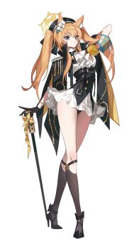 1girl absurdres alternate_costume animal_ears armband belt black_gloves black_panties blue_archive breasts cane cat_ears cat_girl closed_mouth commentary_request dress full_body gloves high_heels highres holding holding_cane long_hair looking_at_viewer mari_(blue_archive) medium_breasts memdic_(srs00108) open_clothes orange_hair panties shrug_(clothing) simple_background smile solo standing twintails underwear white_background