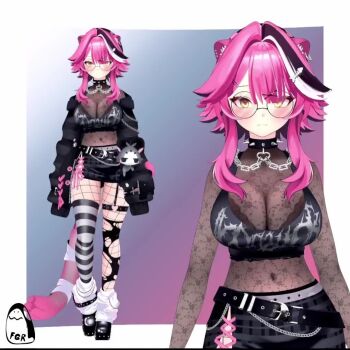 1girl 3d animal_ears animated black_jacket breasts chattino_(raora_panthera) collar expressionless fishnets full_body glasses goth_fashion hololive hololive_english jacket large_breasts mismatched_legwear mismatched_thighhighs navel panther_ears panther_girl panther_tail pink_hair raora_panthera raora_panthera_(goth) see-through_clothes short_hair sidelocks spiked_collar spikes tagme tail thighhighs video virtual_youtuber yellow_eyes