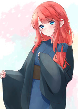 1girl absurdres blue_bow blue_eyes blue_kimono blush bow closed_mouth hair_bow hair_over_shoulder haori head_tilt highres japanese_clothes kimono long_hair long_sleeves looking_at_viewer obi rain_re_a re:zero_kara_hajimeru_isekai_seikatsu red_hair sash sidelocks sleeves_past_wrists smile solo theresia_van_astrea wide_sleeves