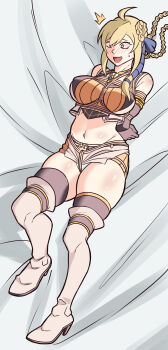 1girl absurdres ahoge arms_behind_back bare_shoulders bdsm bed bed_sheet black_gloves blonde_hair blue_ribbon blush bondage boots bound bound_arms bound_breasts bound_torso braid braided_bun braided_hair_rings breast_bondage breasts brown_gloves clenched_hand clothes_lift commission commissioner_upload crotch_rope detached_sleeves elbow_gloves embarrassed female_focus gloves grancrest_senki hair_between_eyes hair_bun hair_ornament hair_ribbon hair_rings high_heel_boots high_heels highres jewelry long_hair long_sleeves looking_ahead looking_at_another looking_up lying medium_breasts miniskirt nayumika nervous nervous_smile nervous_sweating on_back orange_skirt panties pencil_skirt perky_breasts purple_eyes ribbon rope shibari shibari_over_clothes shirt sidelocks siluca_meletes skin_tight skindentation skirt skirt_lift smile solo surprised sweat sweatdrop swept_bangs thigh_boots thighhighs thighs tongue underwear vest white_boots white_panties white_vest