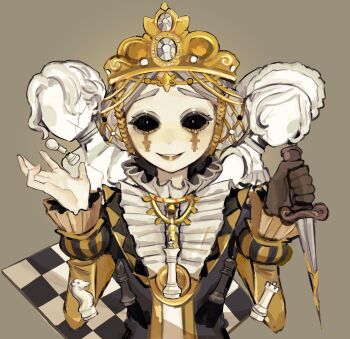 1girl bishop_(chess) black_dress black_sclera brown_gloves chess_piece chessboard colored_sclera colored_skin crown dagger double_bun dress facial_mark frilled_shirt_collar frilled_sleeves frills galatea_claude galatea_claude_(checkmate) gem gloves grey_hair grin hair_bun head_chain highres hoge_(n8sss) holding holding_dagger holding_knife holding_weapon identity_v jewelry king_(chess) knife knight_(chess) looking_at_viewer middle_part official_alternate_costume pawn_(chess) puffy_sleeves queen_(chess) raised_inner_eyebrows rook_(chess) sculpture single_glove smile solid_eyes solo striped_sleeves upper_body weapon white_gemstone white_skin yellow_lips yellow_sleeves